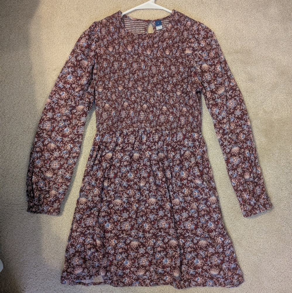 Old Navy Women Burgundy & Cornflower Blue Floral Smocked Bodice Longsleeve Dress